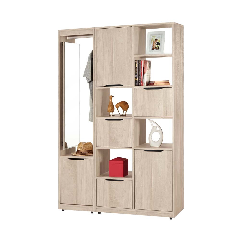 波恩4尺附拉鏡雙面玄關櫃/開放式收納書櫃/隔間置物展示櫃-附吊衣桿