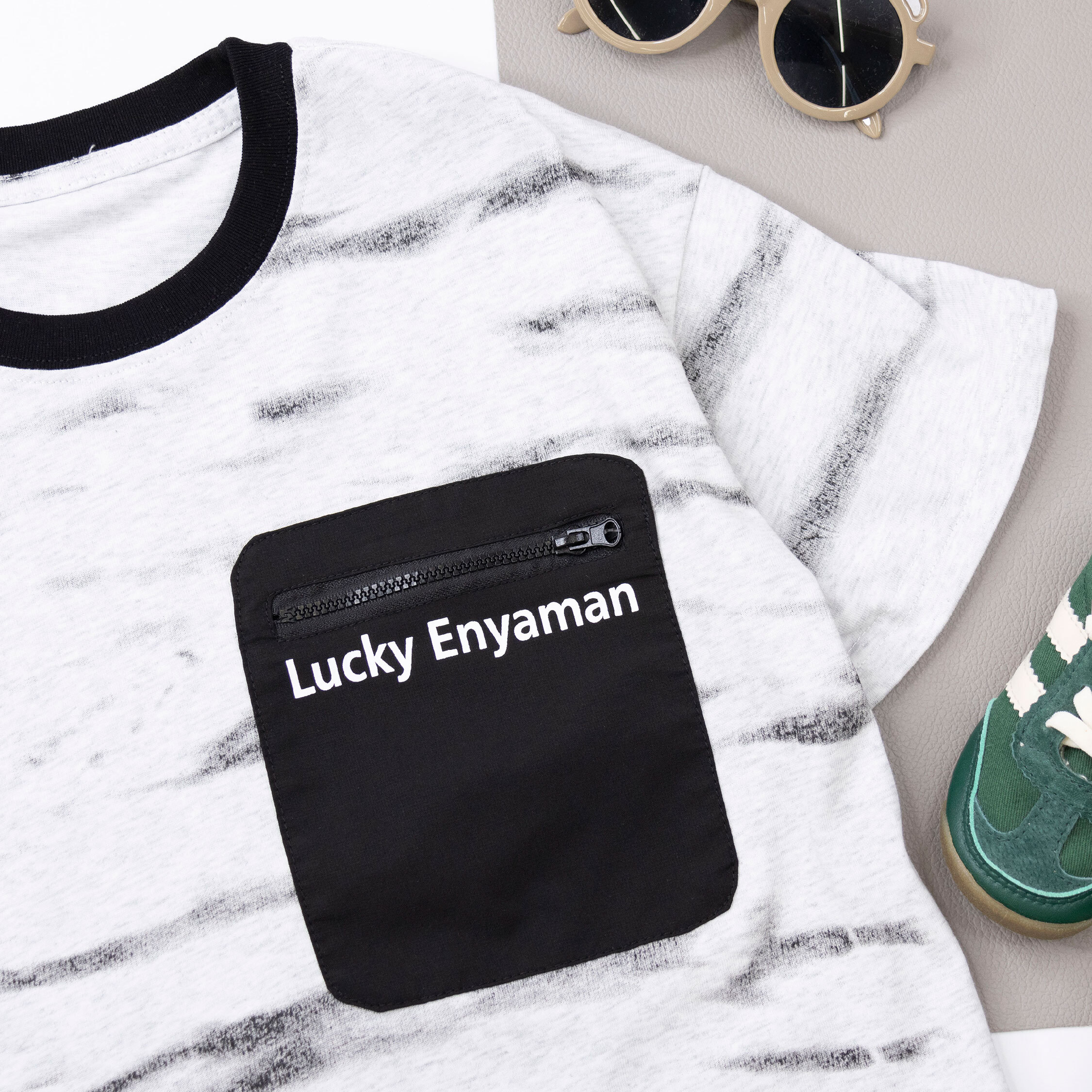 【H50136】噴墨暈染拉鍊口袋上衣/短T