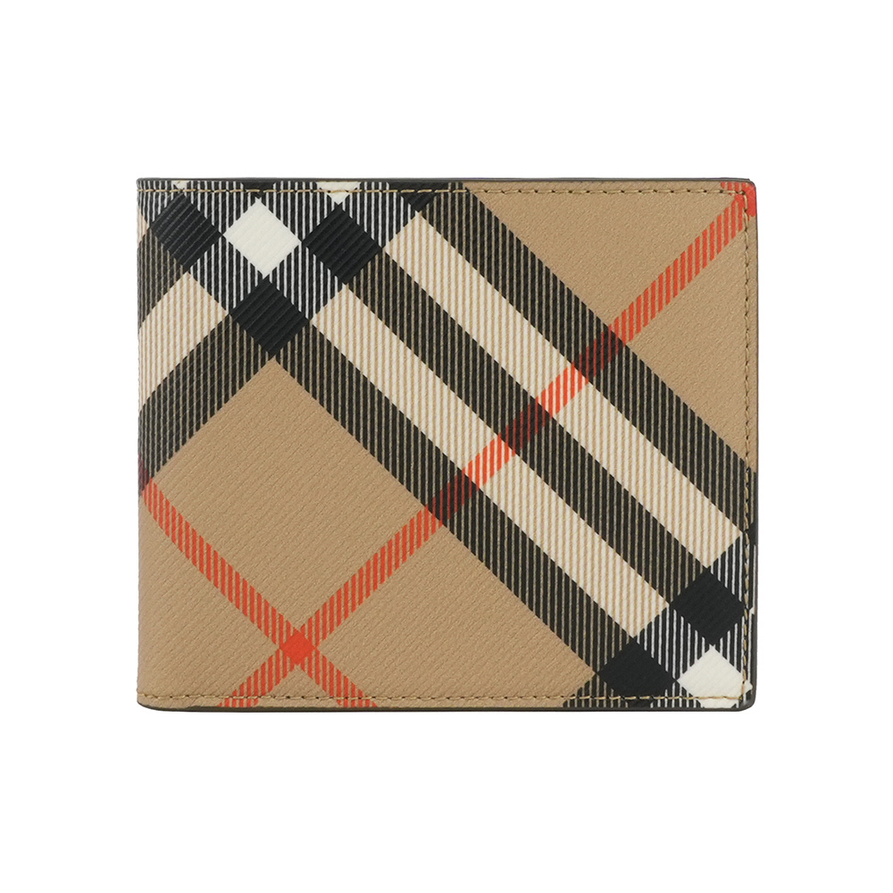 【Burberry】經典格紋帆布對開8卡短夾(沙色)