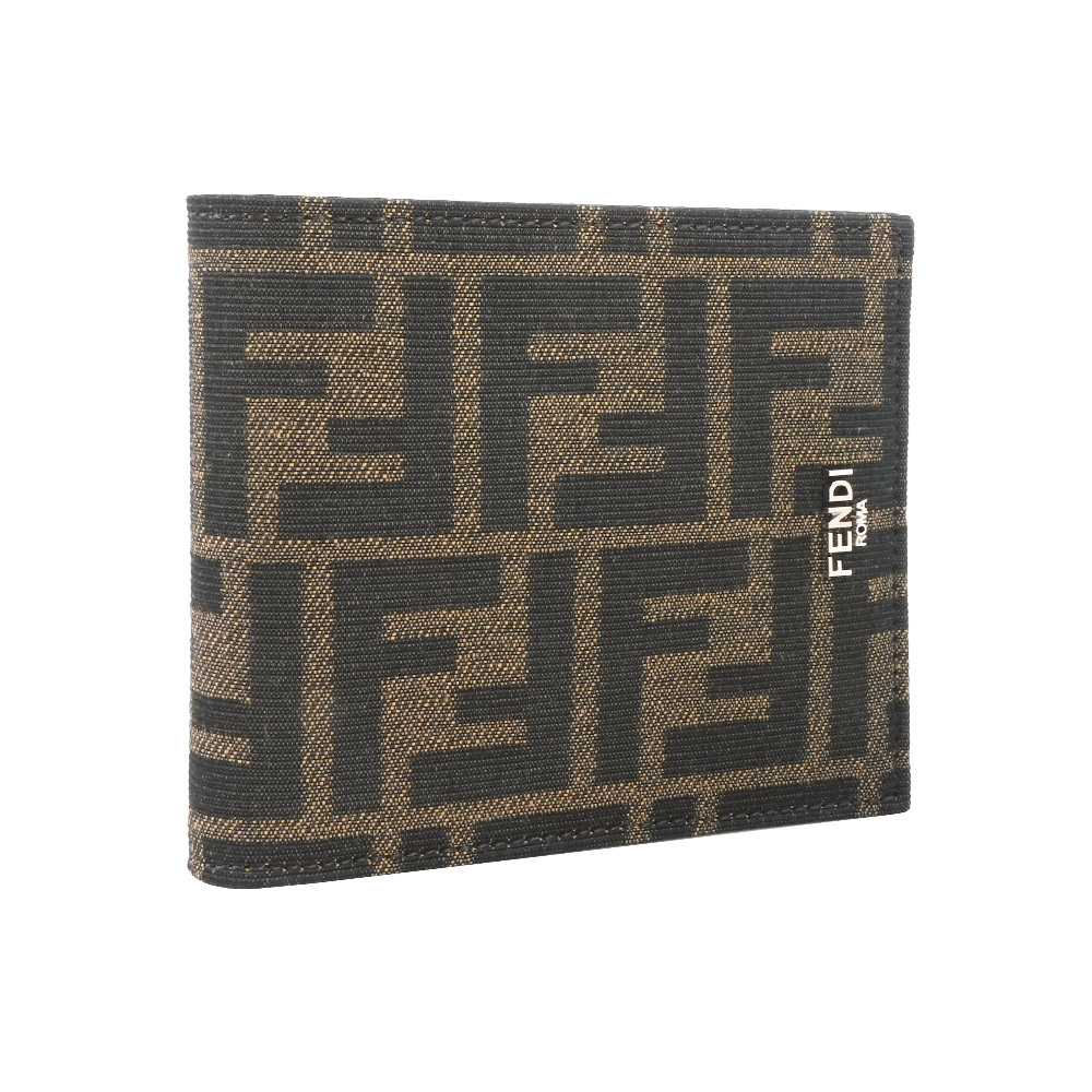 【Fendi】FF Logo 緹花布及皮革對開8卡短夾(棕色/黑色)