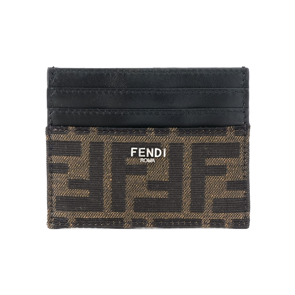 【Fendi】FF 緹花布及皮革6卡名片夾/卡片夾(棕色/黑色)
