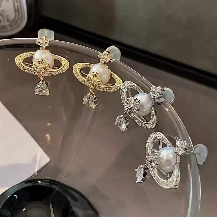 saturn十字土星鑽立體珍珠”高奢耳墜