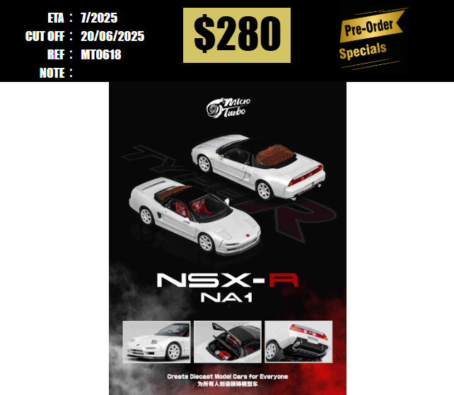 PO-$280 * MICRO TURBO * 1:64 HONDA NSX NA1 TYPE R METALLIC WHITE [OD18/06]