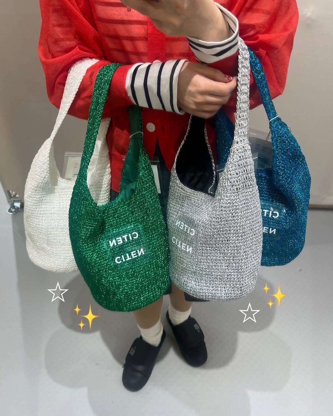 預購┃日本 CITEN 金屬光澤 編繩 洞洞 透明Logo 單肩包 手提包