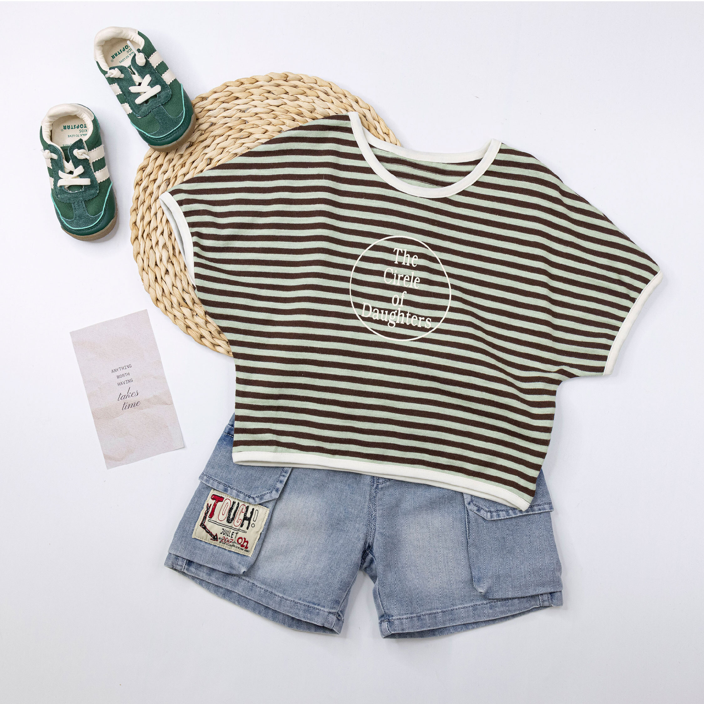 【H50119】美式英字舒適條紋上衣/短T