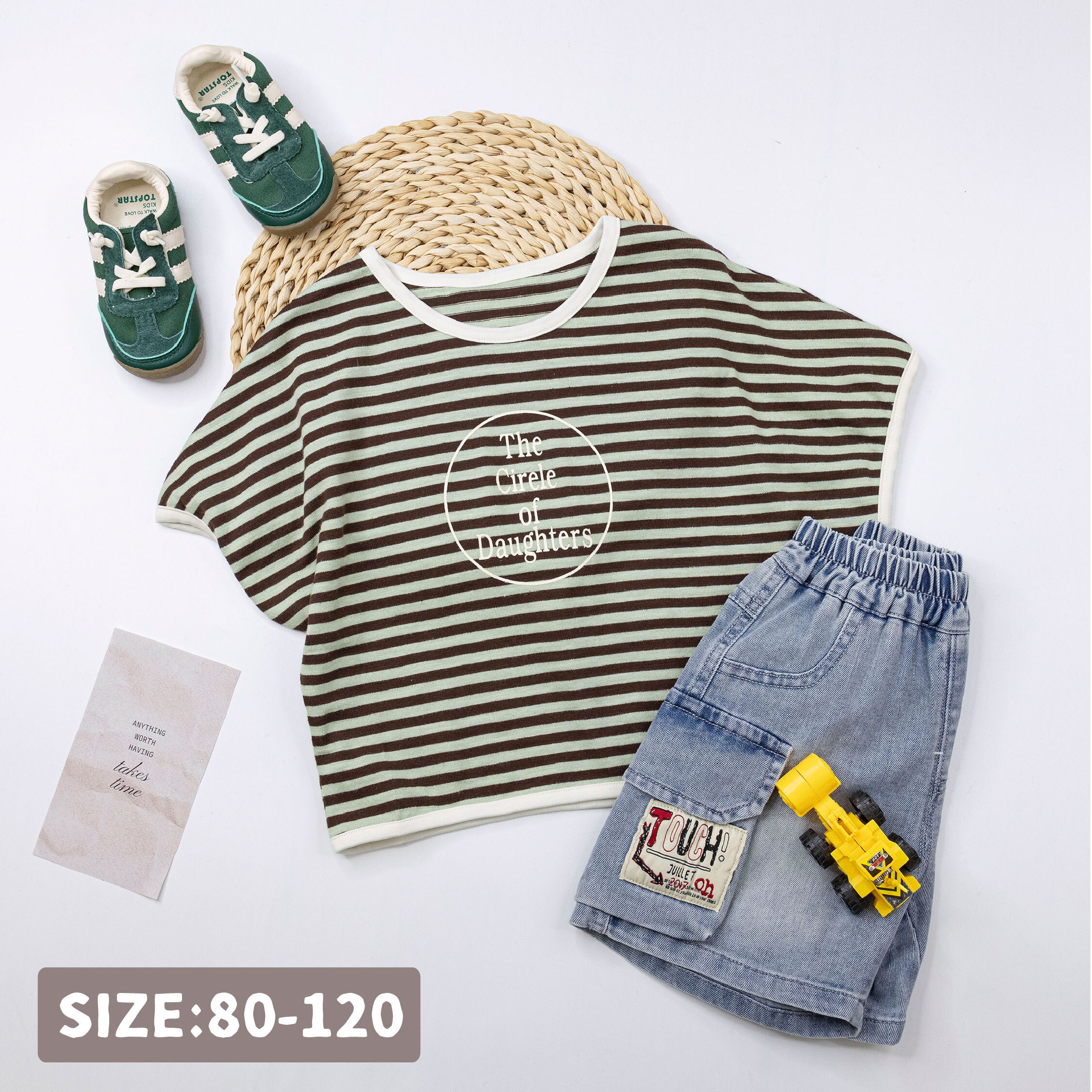 【H50119】美式英字舒適條紋上衣/短T