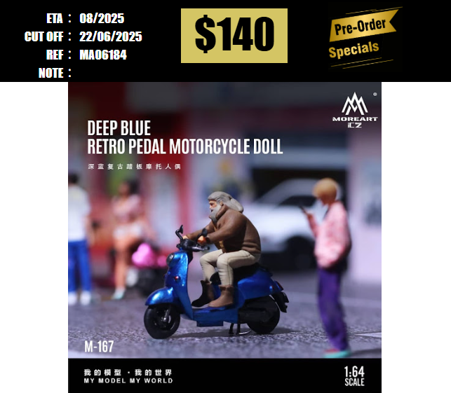 PO-$140 * MOREART * 1:64 FIGURE - Retro Pedal Motorcycle and Figure Set -DEEP BLUE(MO222167) [OD18/06]
