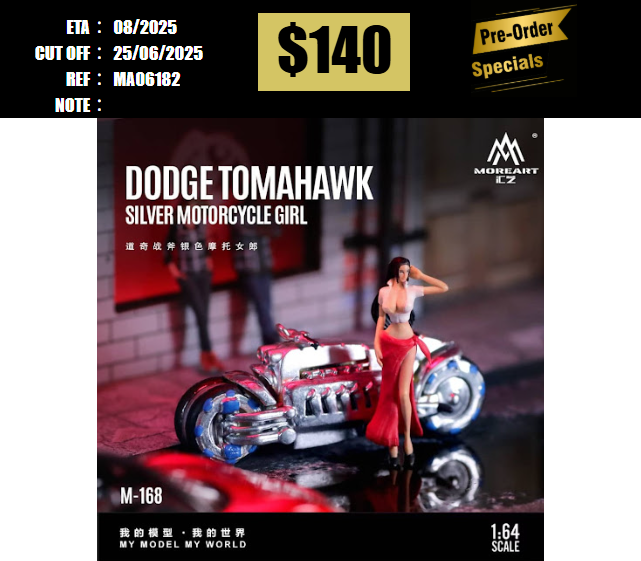 PO-$140 * MOREART * 1:64 FIGURE - Dodge Tomahawk Silver Motorcycle Girl(MO222168) [OD18/06]