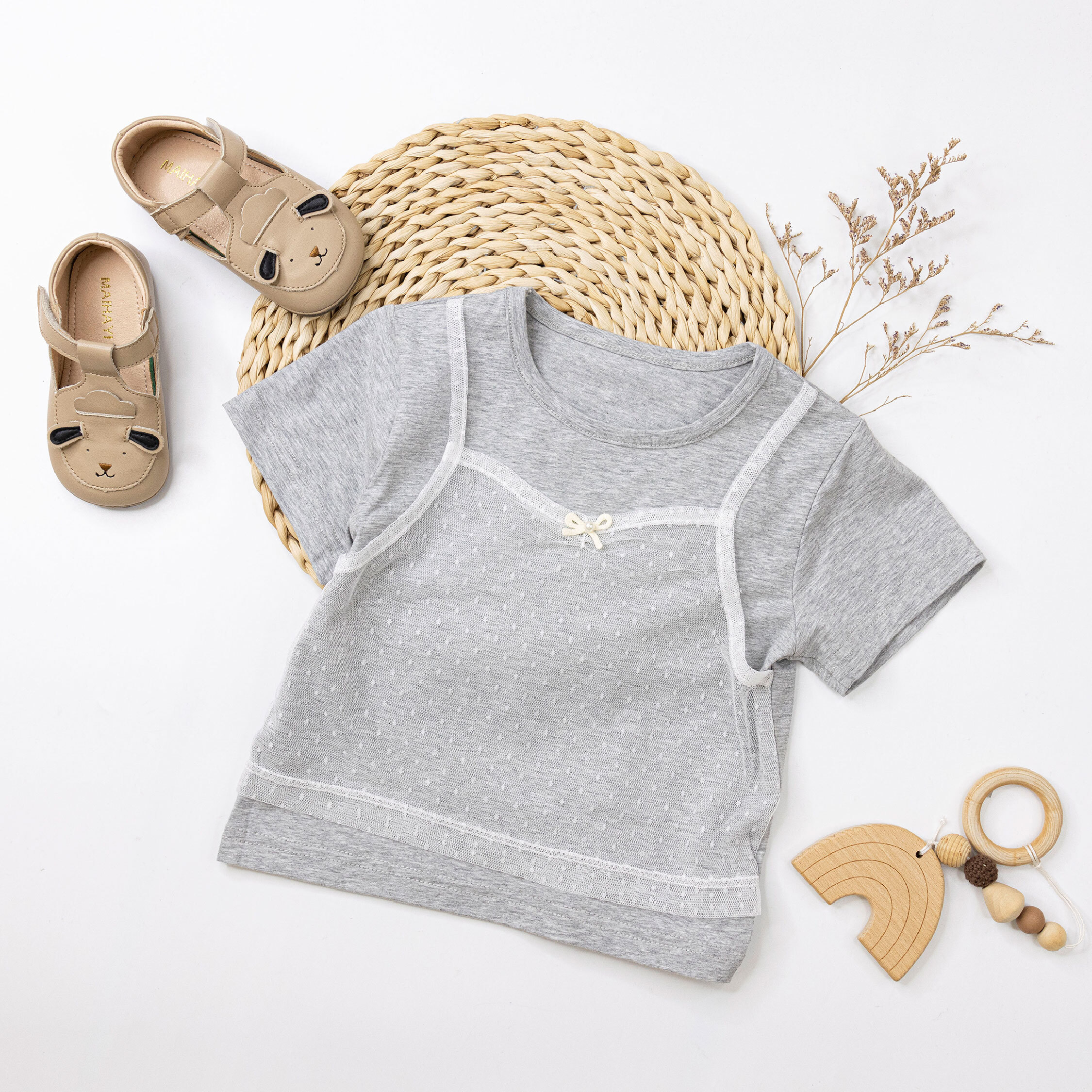 【H50555】蝴蝶結裝飾網紗假兩件上衣