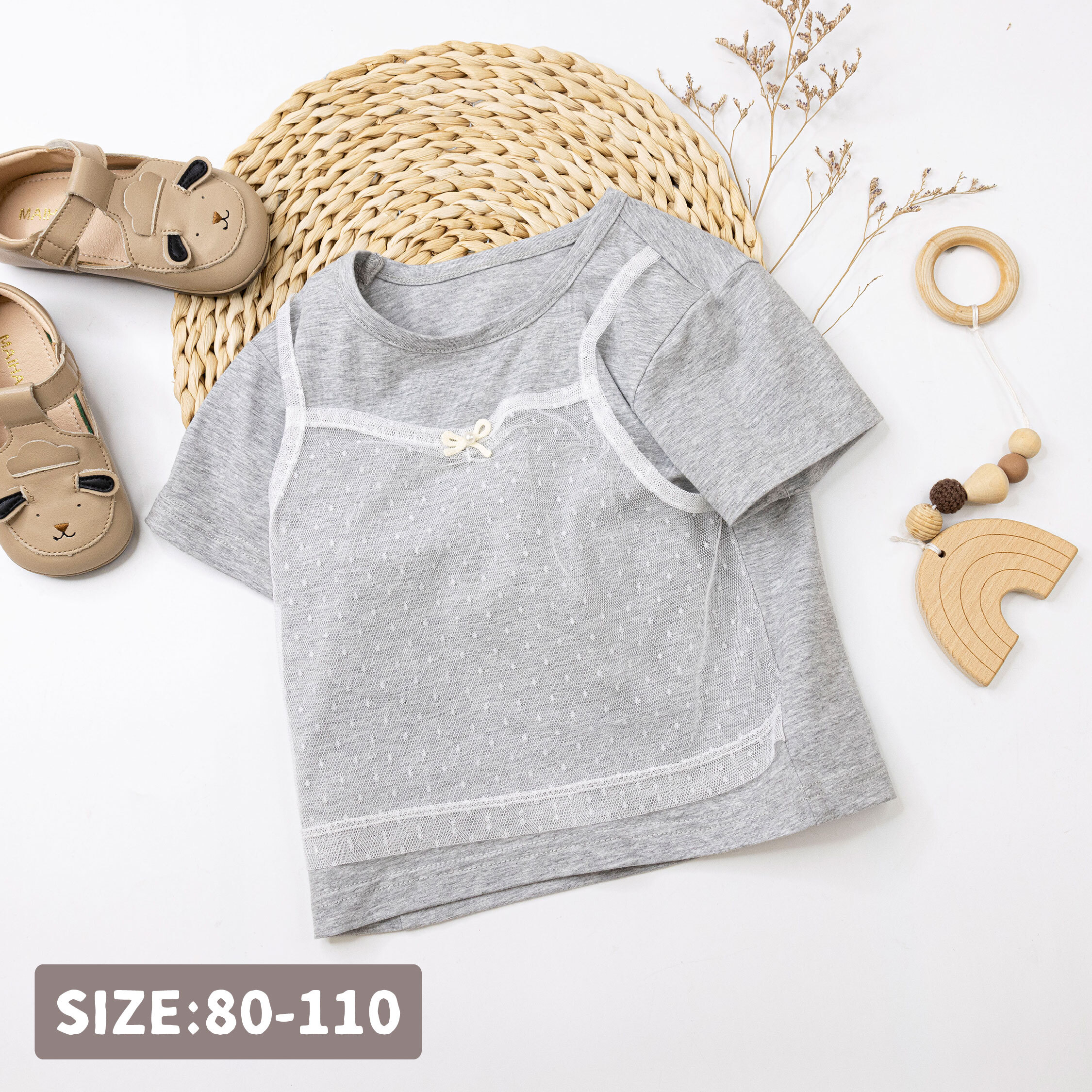 【H50555】蝴蝶結裝飾網紗假兩件上衣