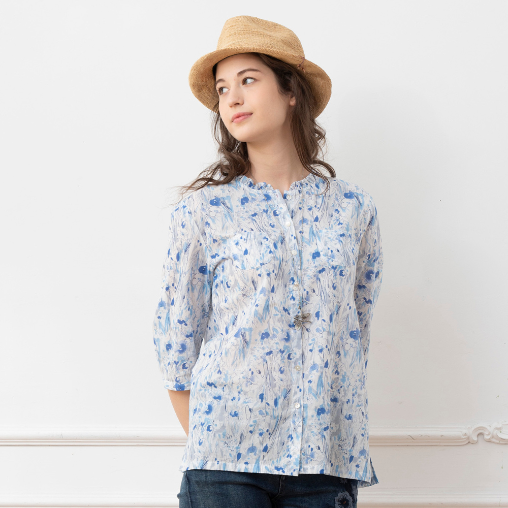 PIPPY 清爽渲染印花5分袖圓領上衣 藍