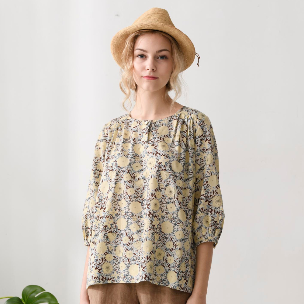 PIPPY 歐式花卉印花棉質圓領5分袖上衣 黃