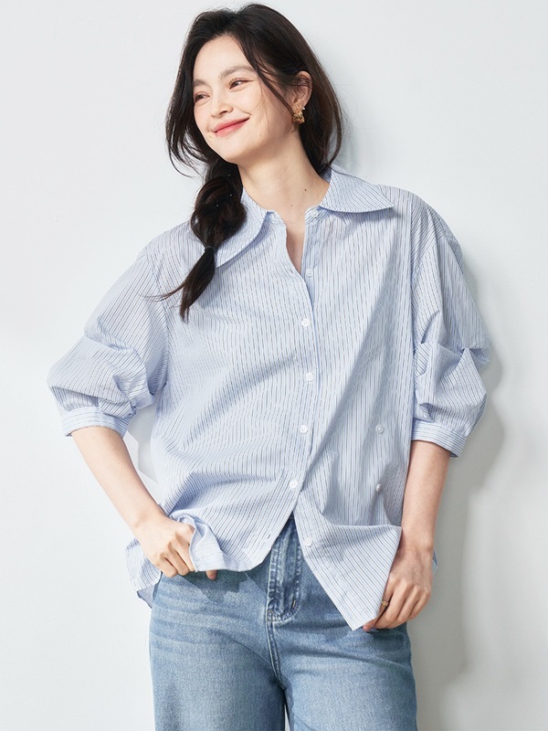 多釦式條紋襯衫 藍色