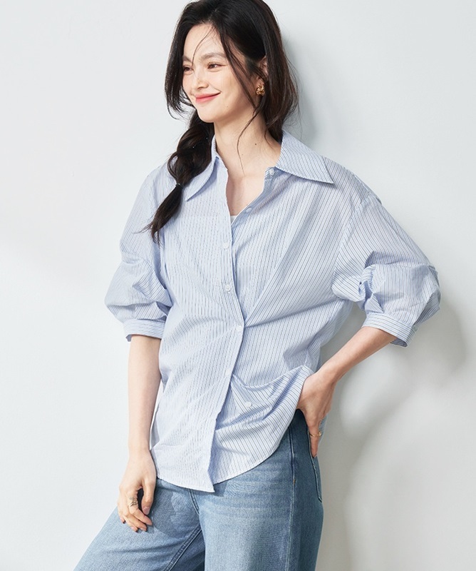 多釦式條紋襯衫 藍色