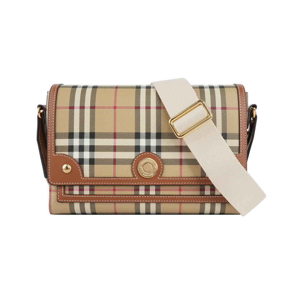 【Burberry】Note 經典格紋拼皮革翻蓋斜背包(石楠木棕色)