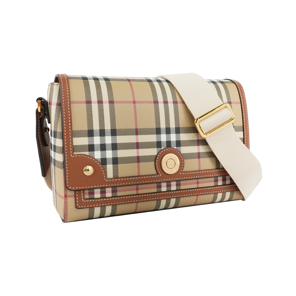 【Burberry】Note 經典格紋拼皮革翻蓋斜背包(石楠木棕色)