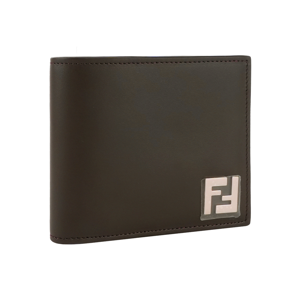 【Fendi】銀色FF Logo 皮革拼接塗層帆布對開8卡短夾(灰棕色/棕色)