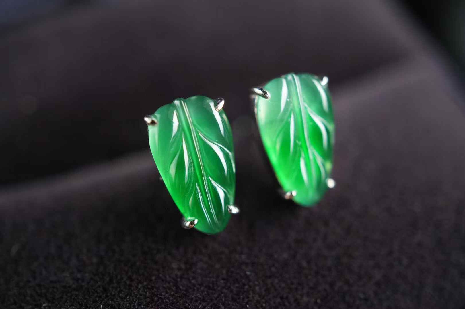 翡翠冰陽綠葉子耳釘,天然翡翠A玉, 緬甸玉, Jade, Jadeite