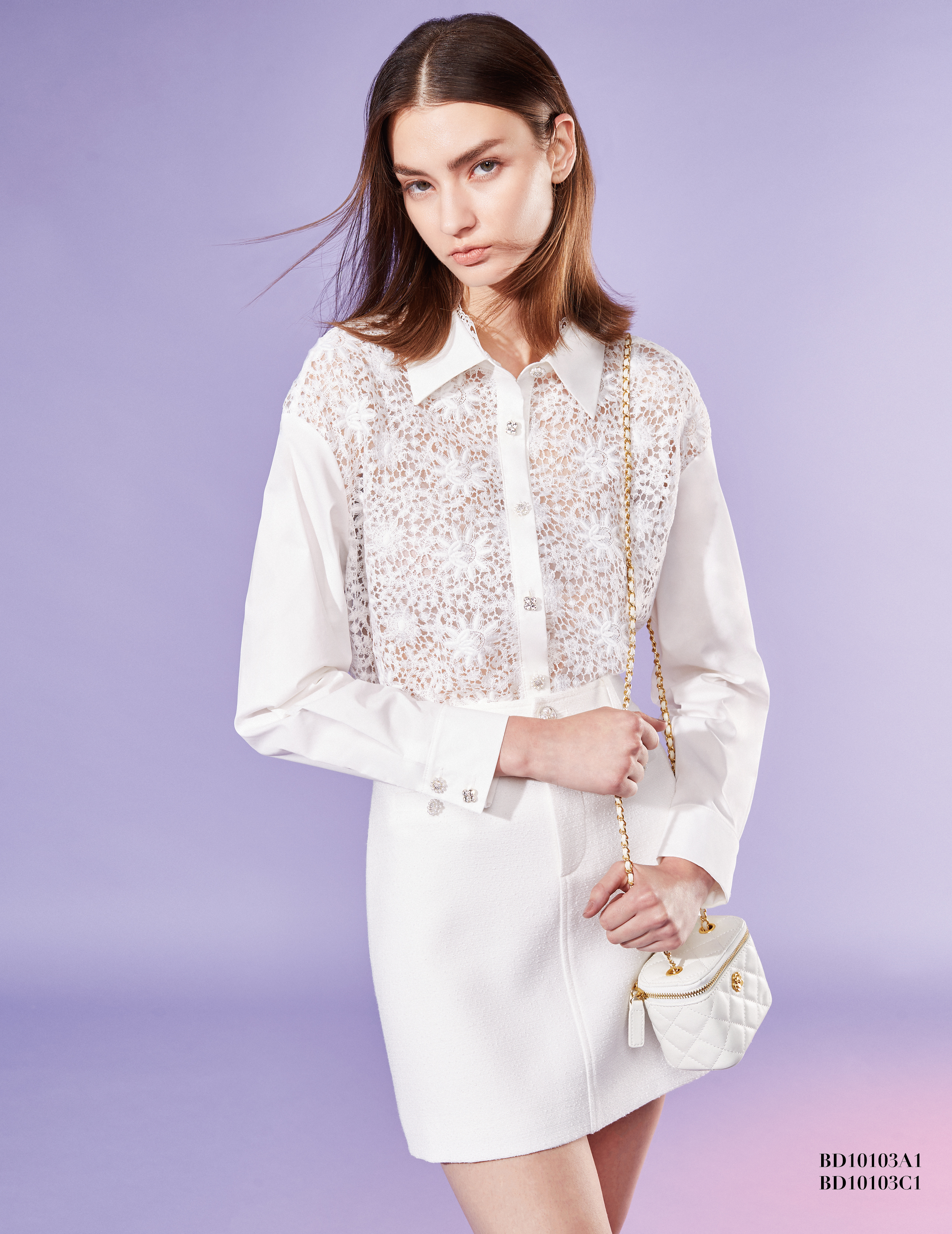 BD10103A1 新藝術花園太陽花刺繡蕾絲落肩短版襯衫