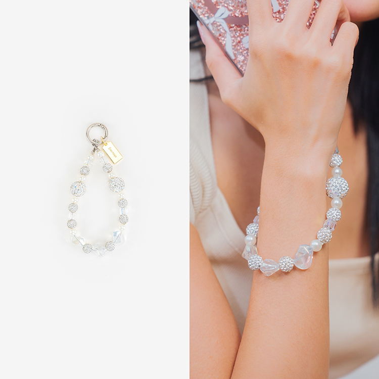 水晶白鑽混珍珠 串珠手腕繩 短掛繩  串珠掛繩 手機掛繩