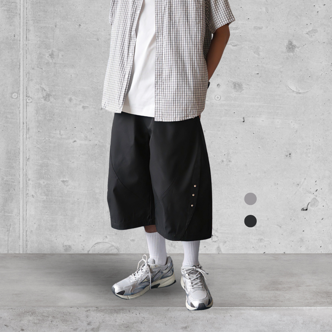 （現貨）P003 韓系 弧形線條 金屬扣拼接 七分褲