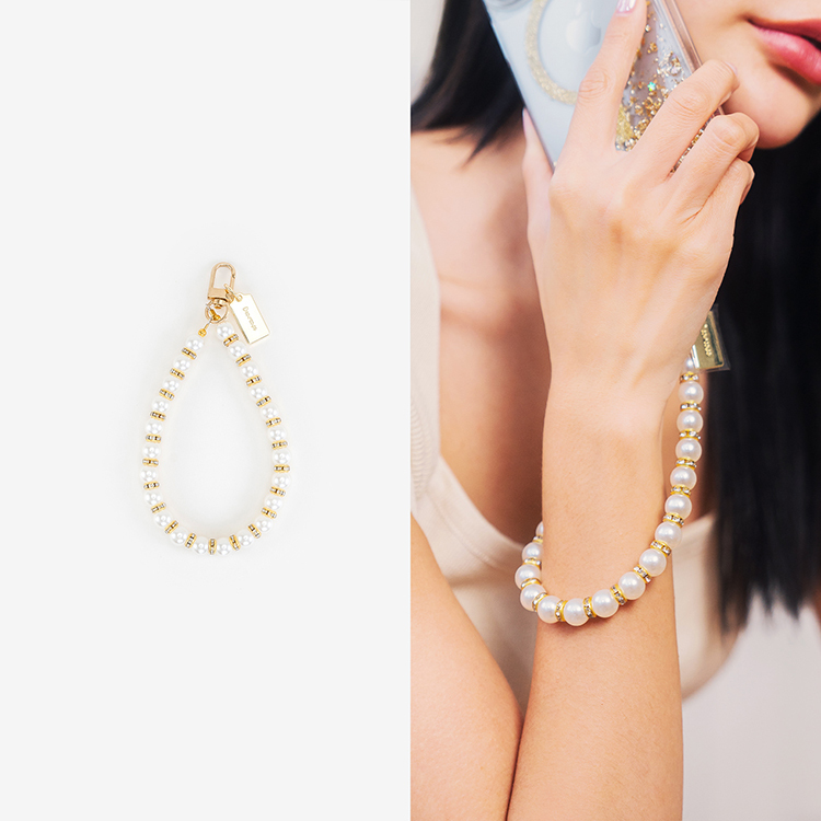 奢華鑲金白珍珠 串珠手腕繩 短掛繩  串珠掛繩 手機掛繩