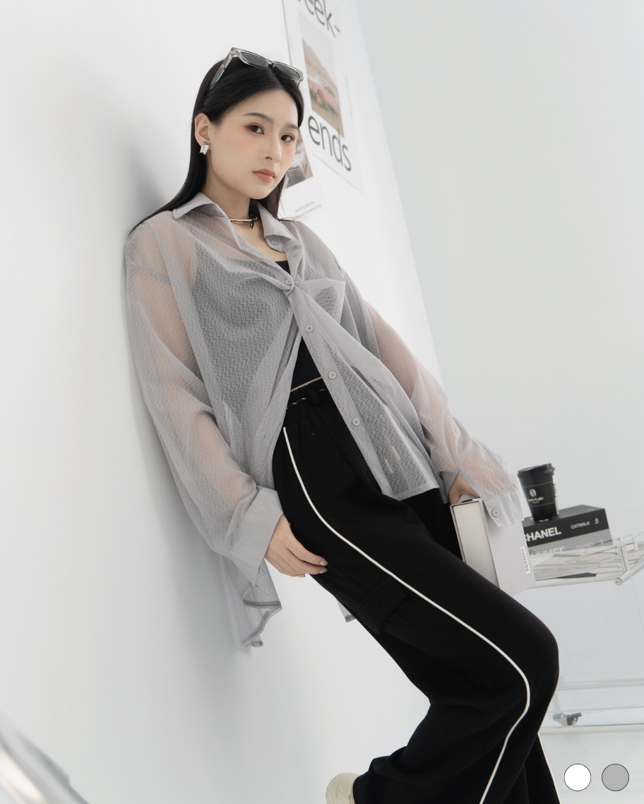 波紋緹花透膚落肩襯衫