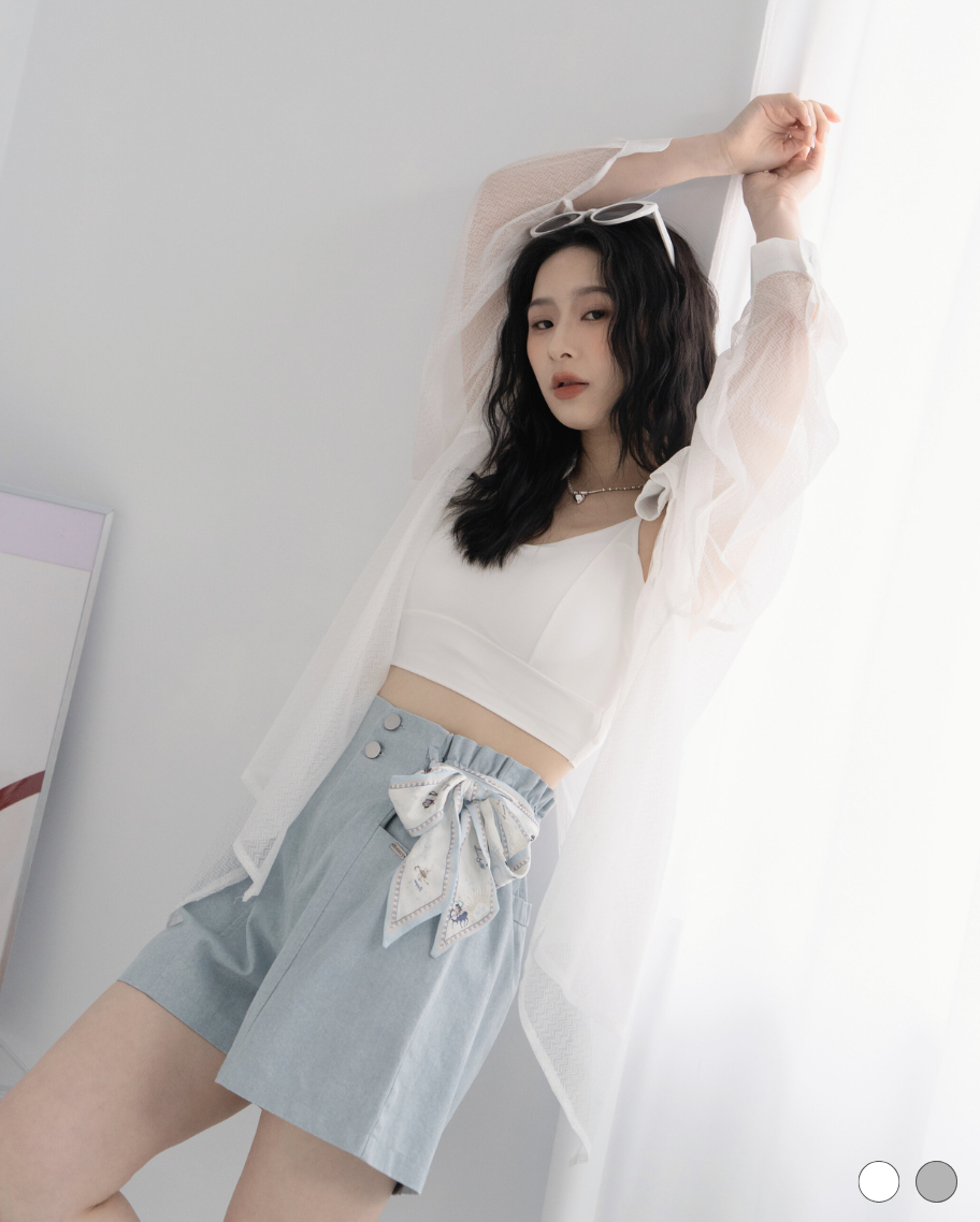 波紋緹花透膚落肩襯衫