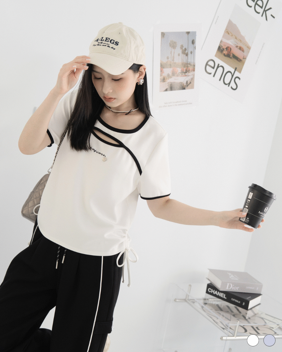 甜辣鏤空側抽繩撞色滾邊T恤