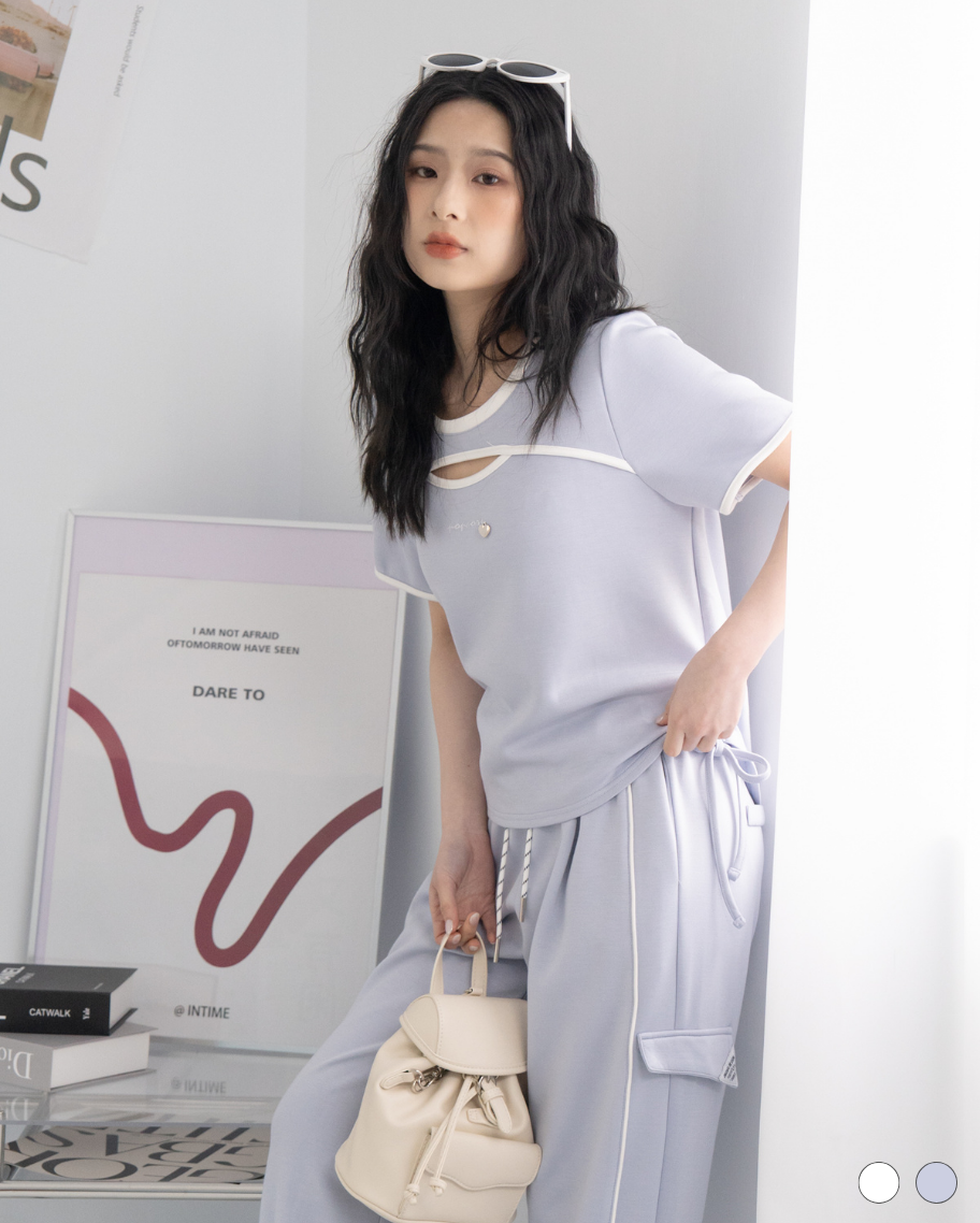 甜辣鏤空側抽繩撞色滾邊T恤