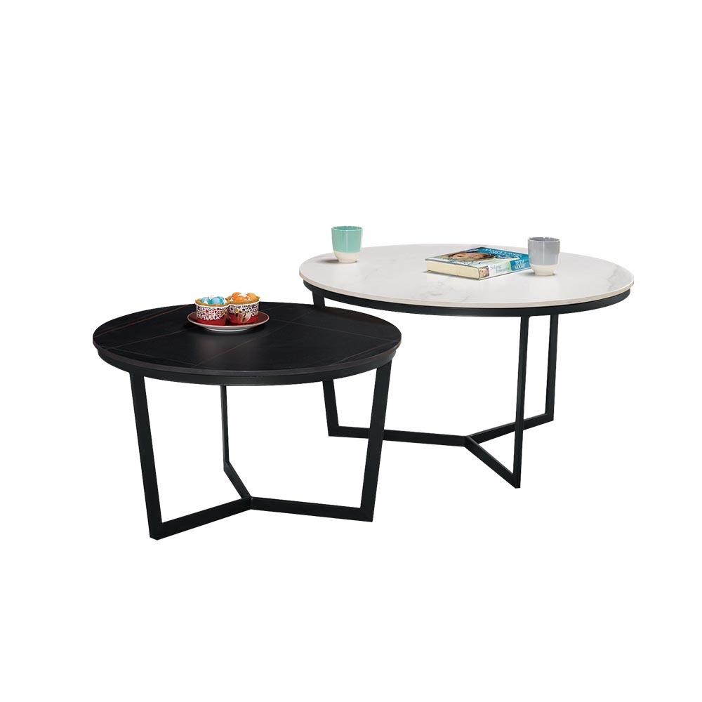 蘇西工業風岩板圓型茶几組合(2.7尺白色大圓茶几+2.2尺黑色小圓茶几)