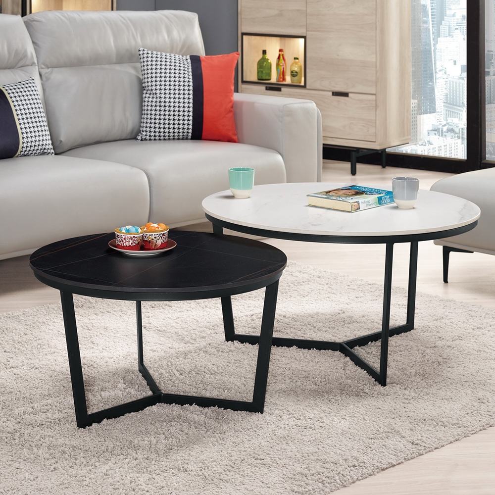 蘇西工業風岩板圓型茶几組合(2.7尺白色大圓茶几+2.2尺黑色小圓茶几)