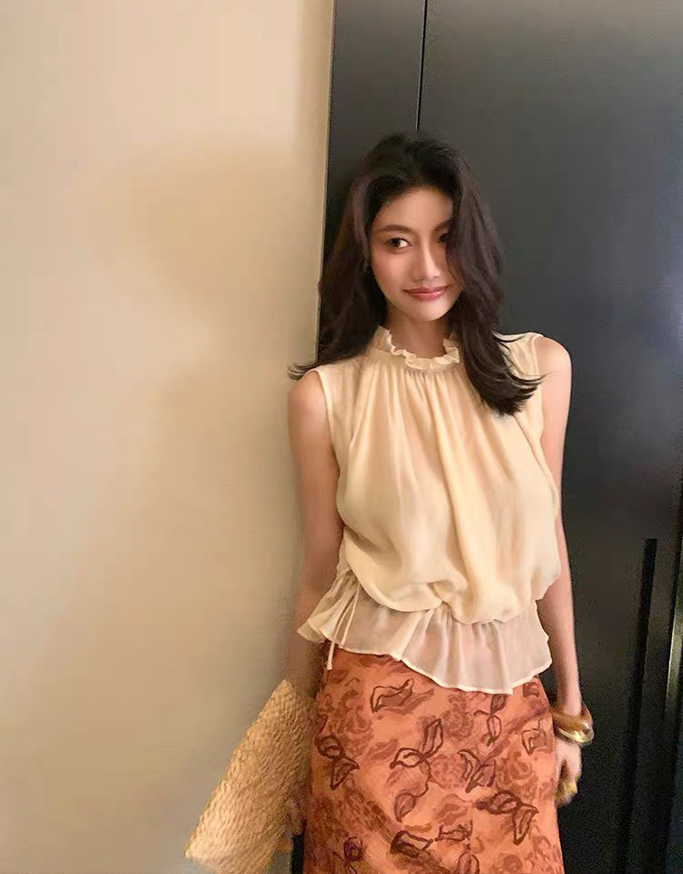 浪漫荷葉滾邊立領造型縮腰背心S-XL / 2色 (Elegant & Love)