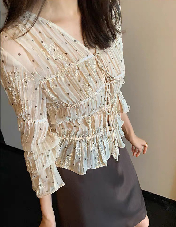 法式配色點點縮腰綁帶V領上衣S-XL (Elegant & Love)