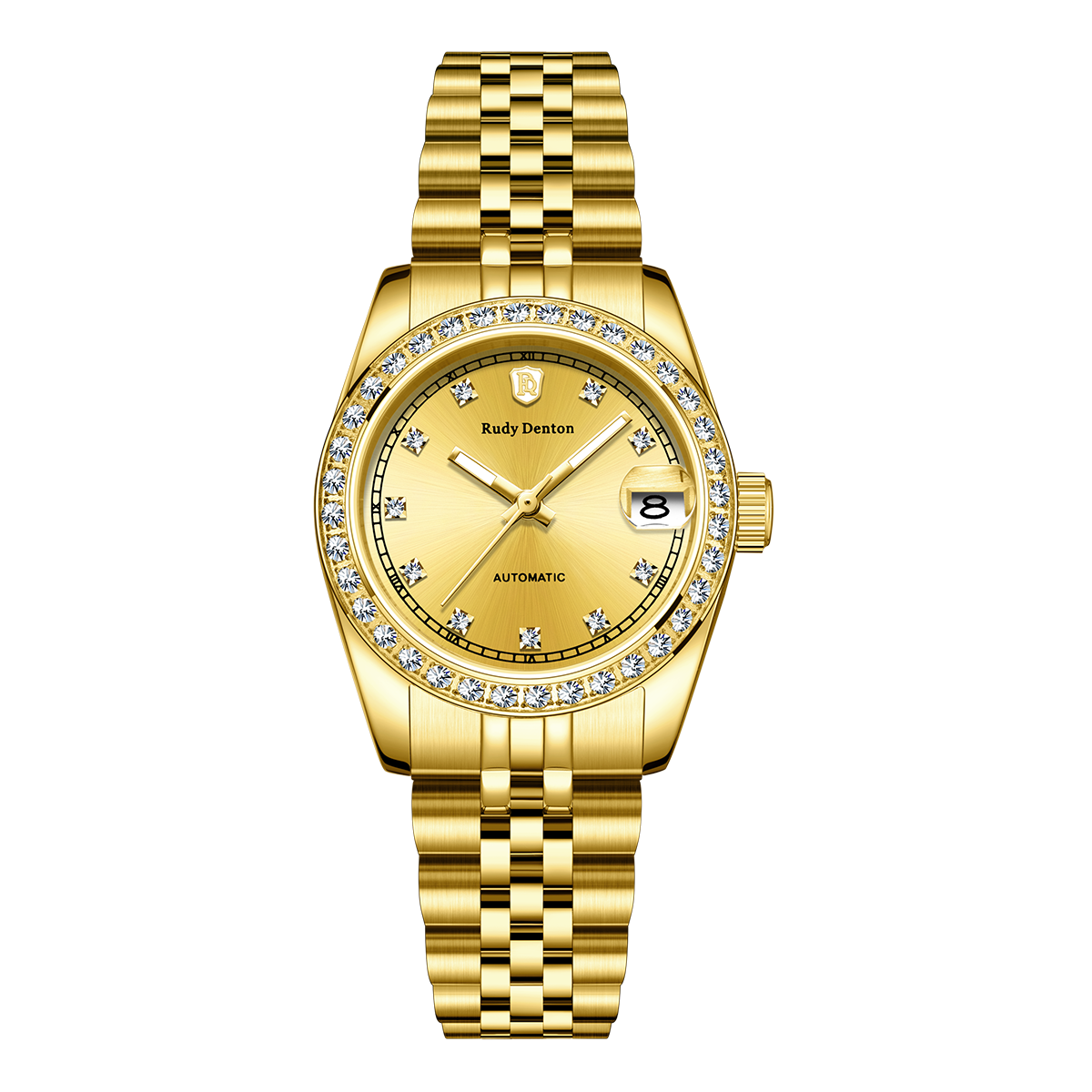 【Rudy Denton 勞迪丹頓】RDT-006 全金 真鑽時標錶圈 鏤空背蓋 帶日期 夜光 不鏽鋼 機械 女錶