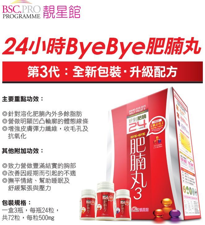 BSC.PRO靚星館【強消肥腩!】24小時ByeBye肥腩丸(第3代全新包裝升級配方)(36克:約72粒)【原裝正品行貨】