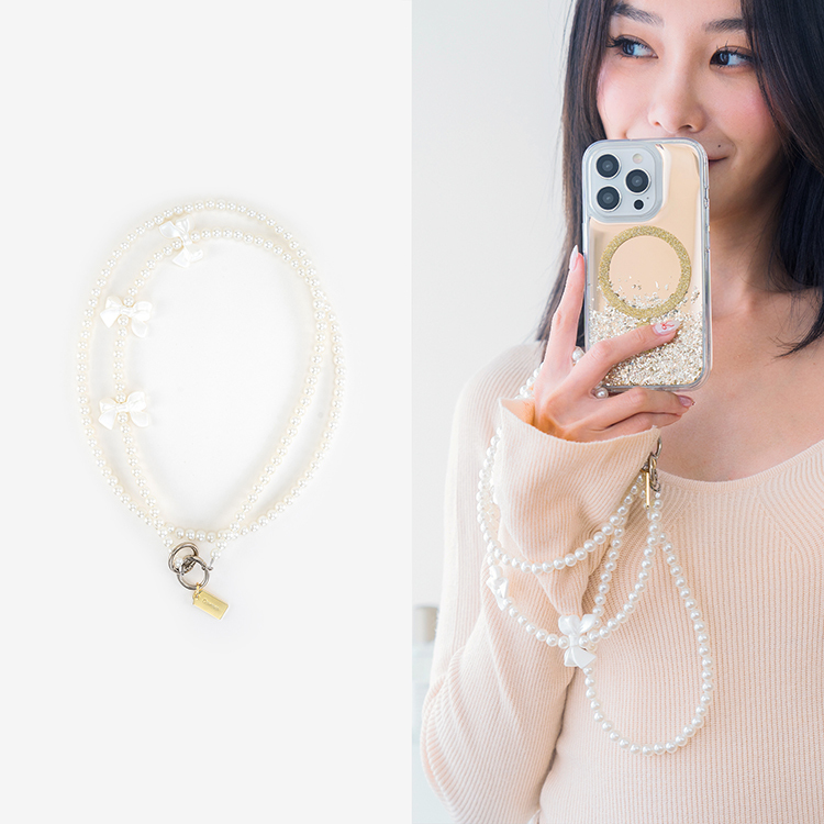 古典蝴蝶白珍珠 手機掛繩  串珠掛繩 長掛繩 背帶