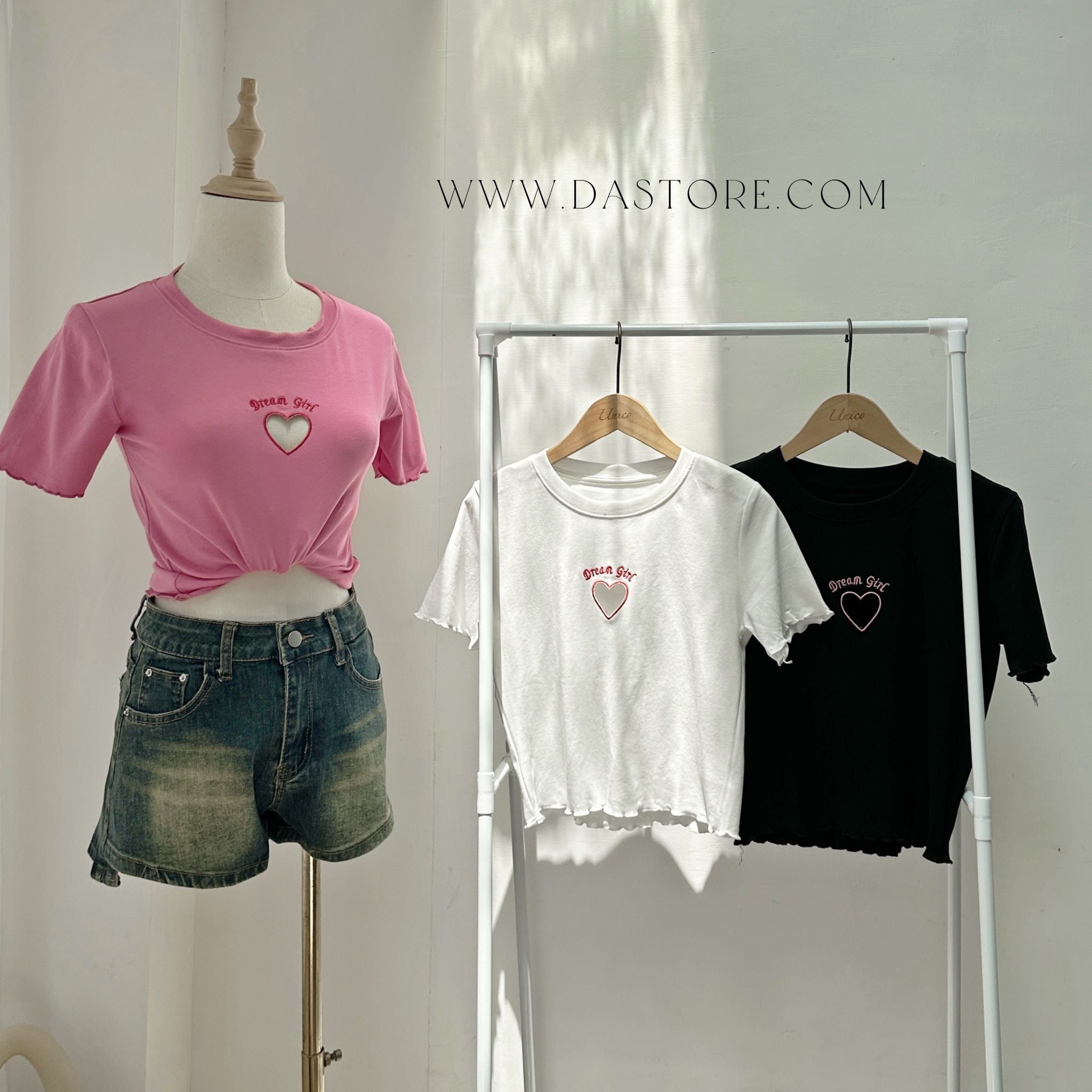 鏤空愛心木耳邊短Tee/三色