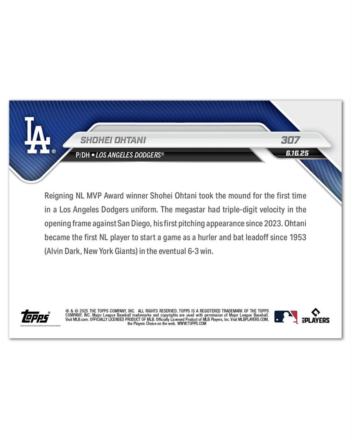 TOPPS 大谷翔平Shohei Ohtani 道奇生涯首次先發二刀流 紀念球員卡 #307