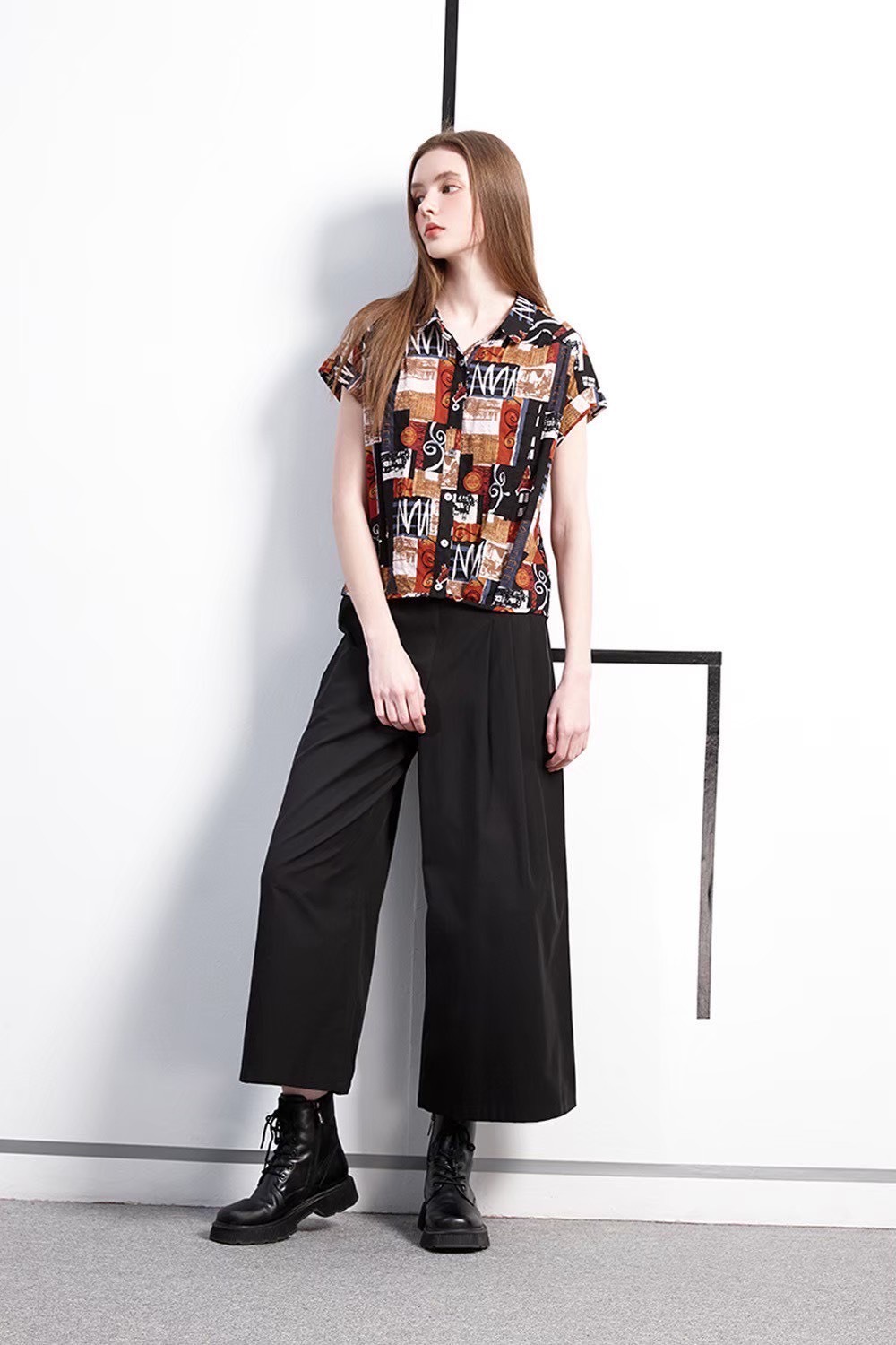 OL時尚個性不對稱打摺造型修身顯瘦寬褲W6111