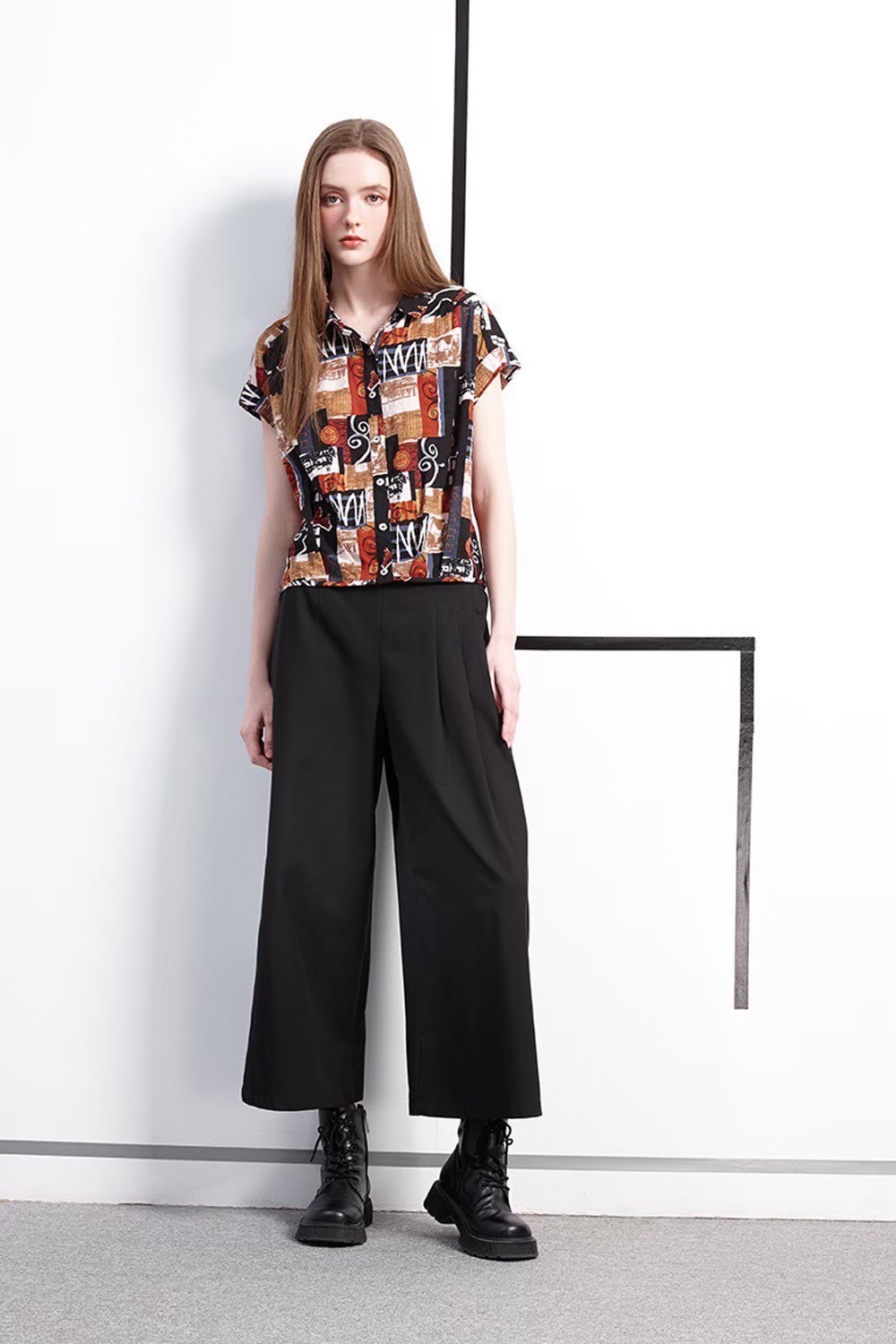 OL時尚個性不對稱打摺造型修身顯瘦寬褲W6111