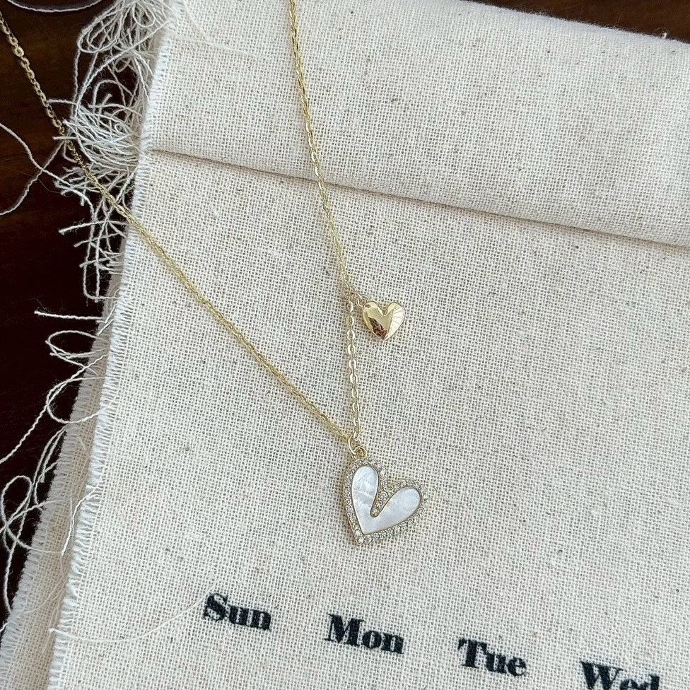 028【輕奢】排鑽貝殼愛心純銀鎖骨鏈