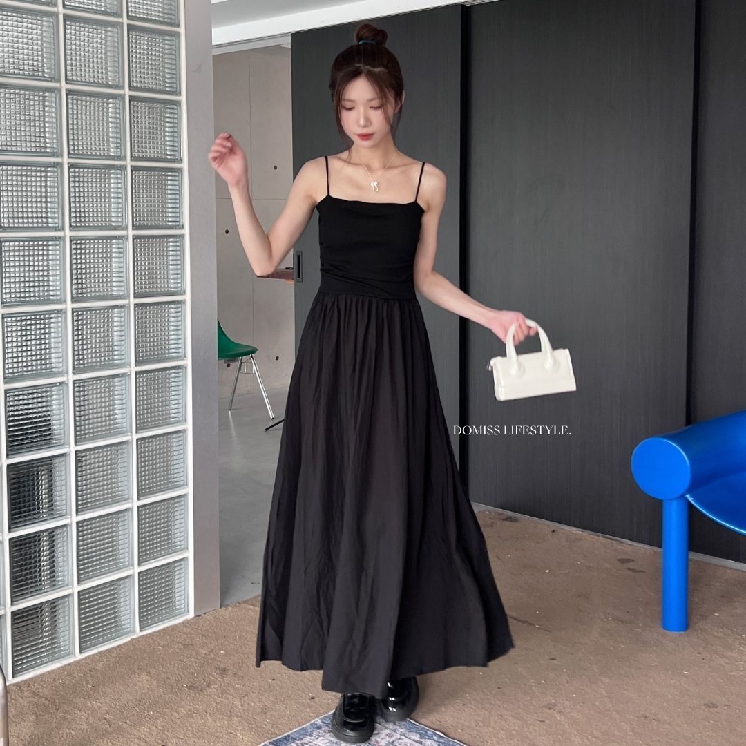 【不挑人顯瘦推薦】DOMISS棉麻拼接吊帶平口洋裝-2色 (現貨)