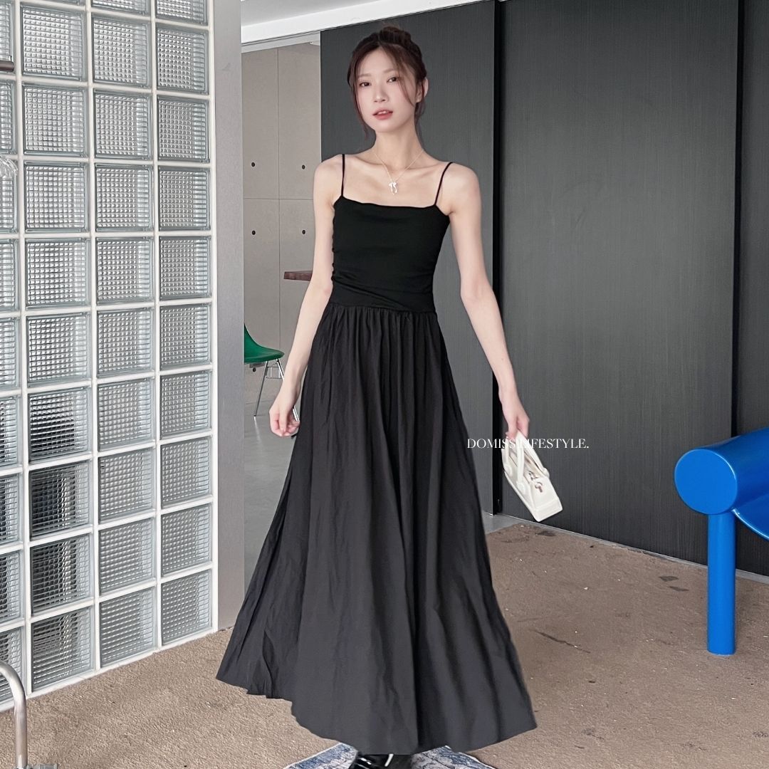 【不挑人顯瘦推薦】DOMISS棉麻拼接吊帶平口洋裝-2色 (現貨)