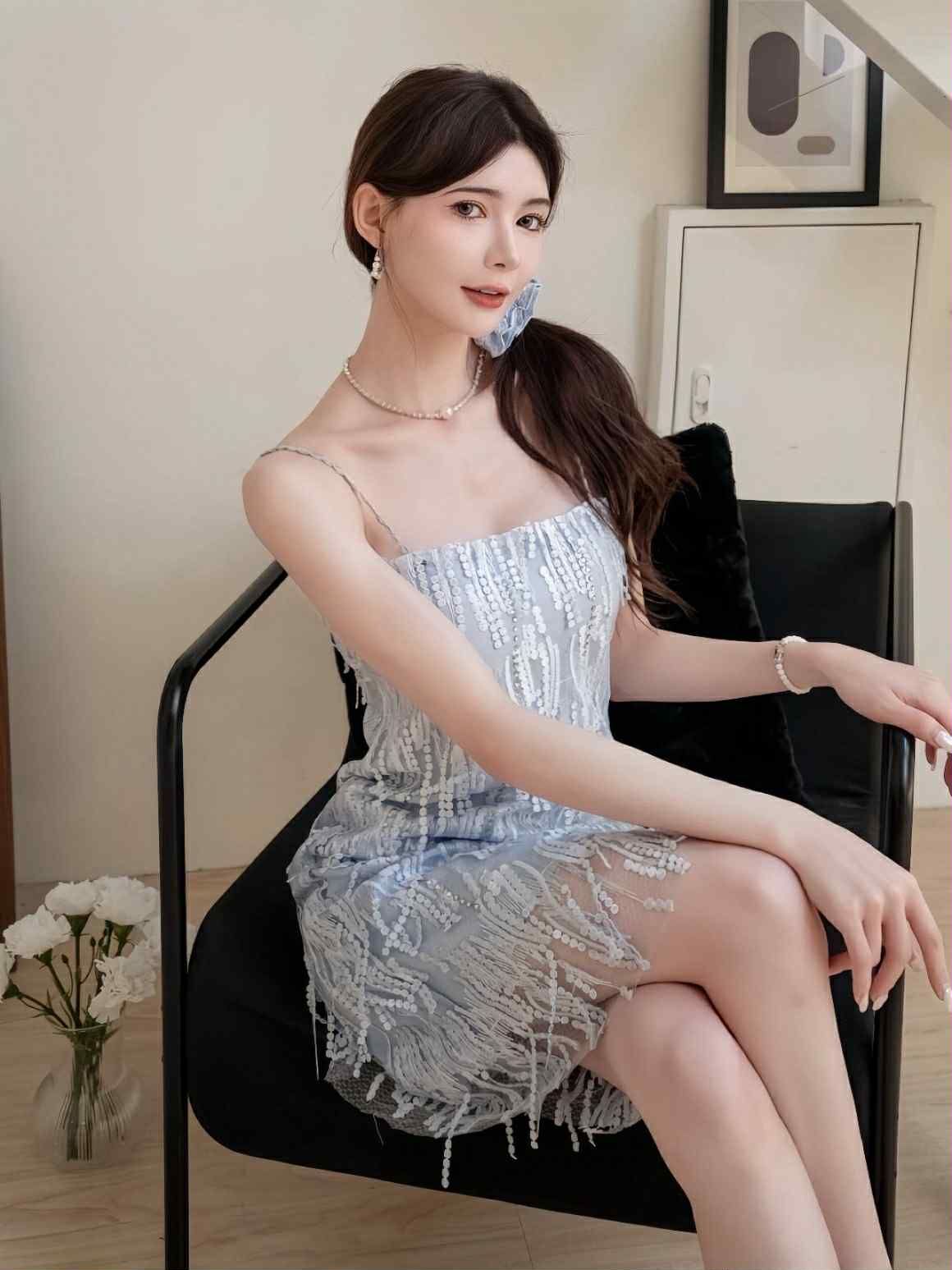 🤍亮片蕾絲流蘇水藍洋裝（單一色均碼）