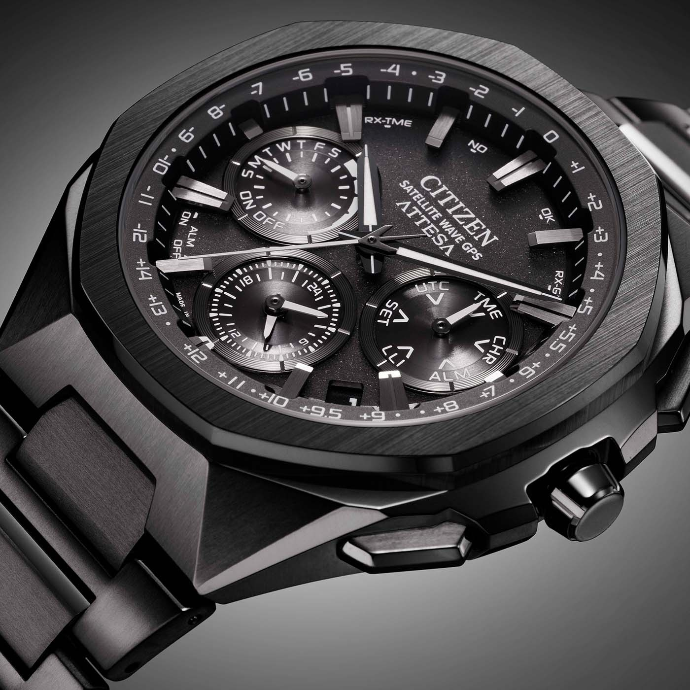 萬年鐘錶 - Citizen 星辰錶  ATTESA  黑鈦八角系列拉絲陶瓷錶圈光動能GPS衛星對時男錶 CC4105-69E  錶徑44MM