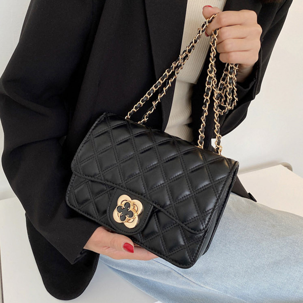 菱格鏈條包 單肩斜背包 小方包 方胖包 包包 斜背包 鍊條包 菱格紋包包 小香風包包 黑色包包 四葉草包包 禮物 870