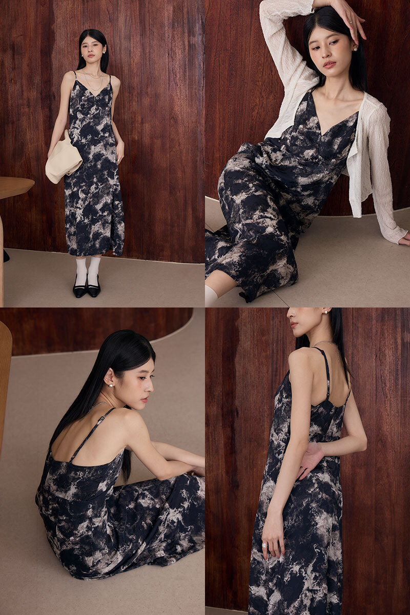 前襬開衩暈染細肩吊帶洋裝