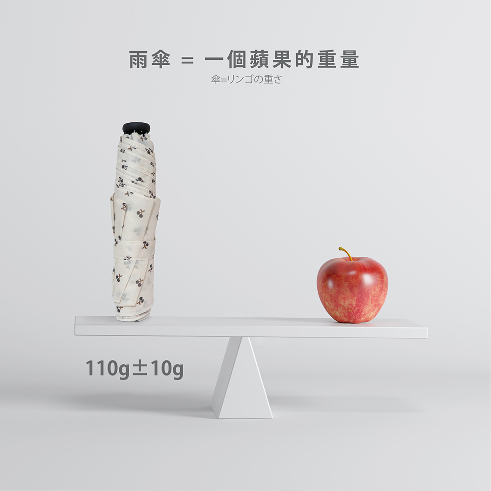 重量比較-雨傘 = 一個蘋果的重量。傘=リンゴの重さ