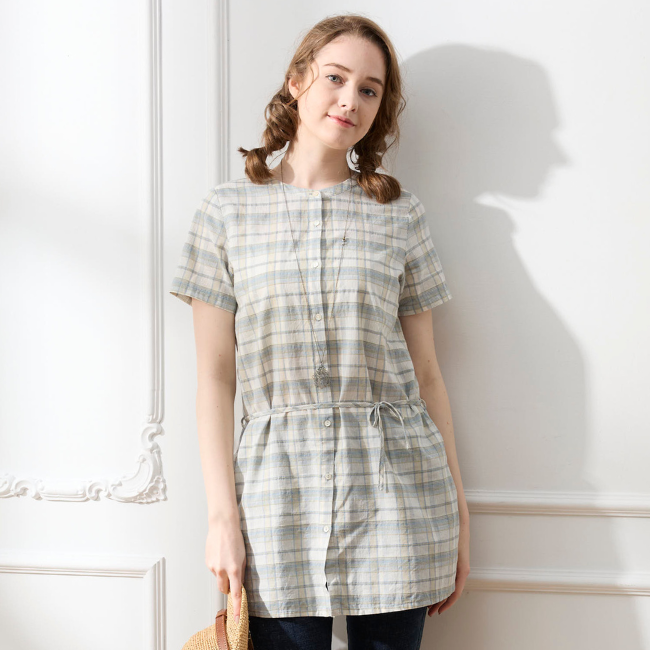 PIPPY經典格紋綁帶棉質長版襯衫 藍